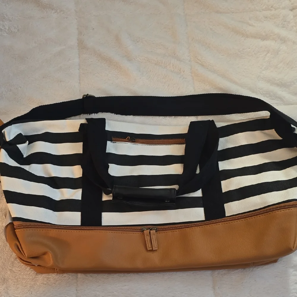Striped Black and White Tote Bag with Tan Accents